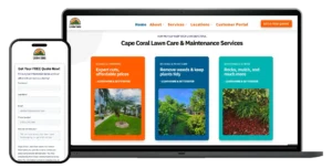 Cape coral lawn care website example with services offered on a mobile and desktop screen.